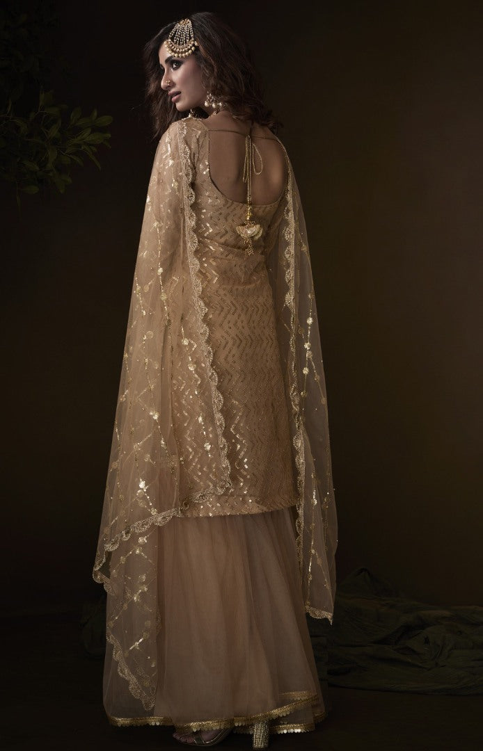 Light brown soft net sequence work ceremonial sharara salwar suit