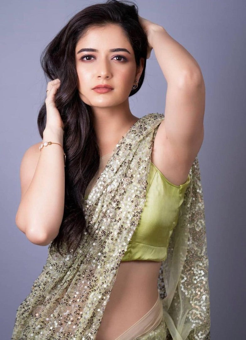 Light green heavy nylon net all over sequence work saree