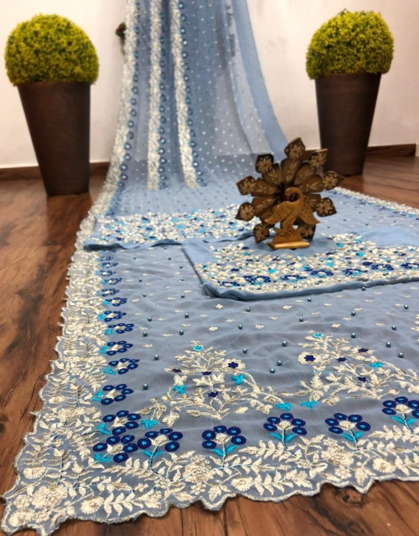 Light grey georgette embroidered with pearl work saree