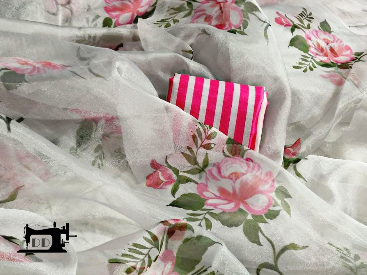 Light grey organza digital flower printed stylist saree