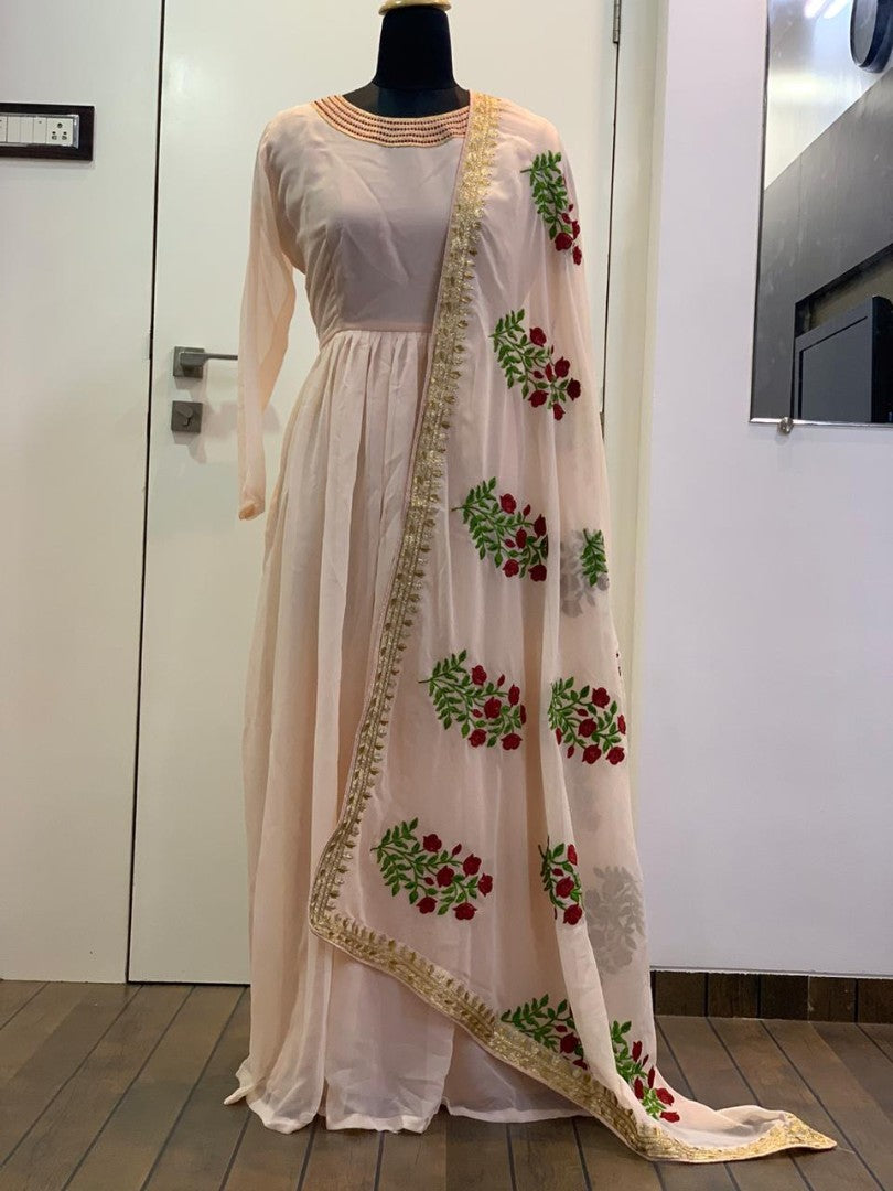 Light orange georgette anarkali gown with embroidered dupatta