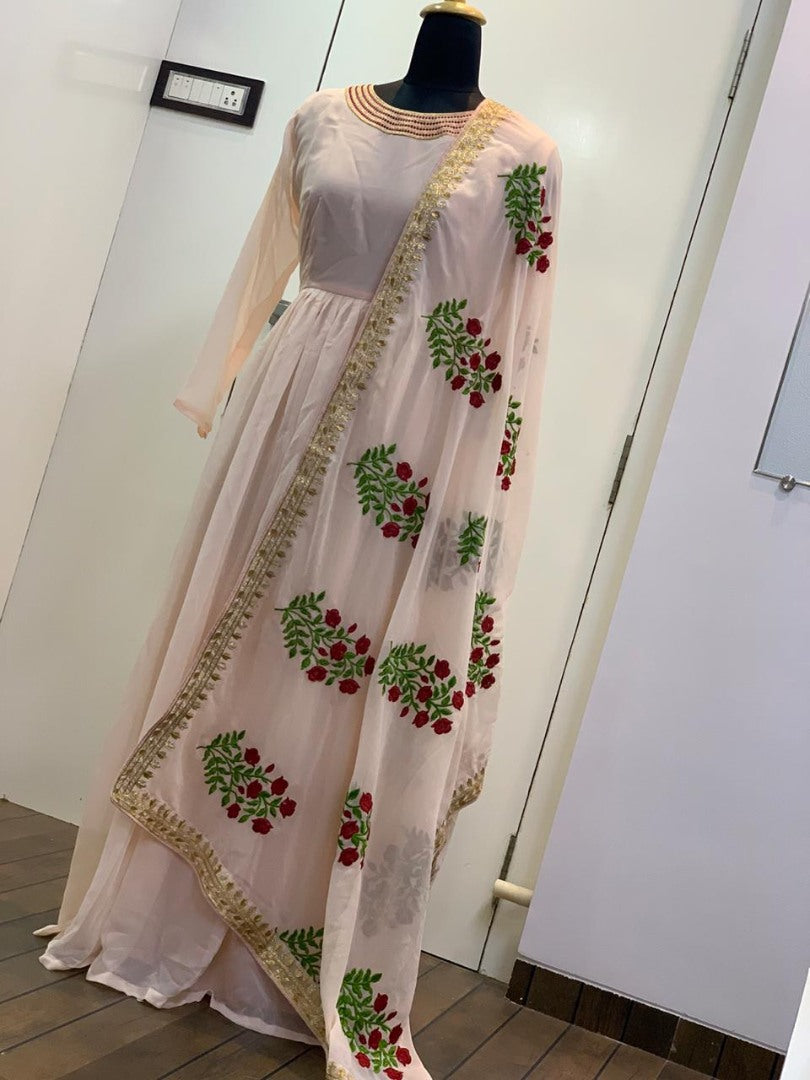 Light orange georgette anarkali gown with embroidered dupatta