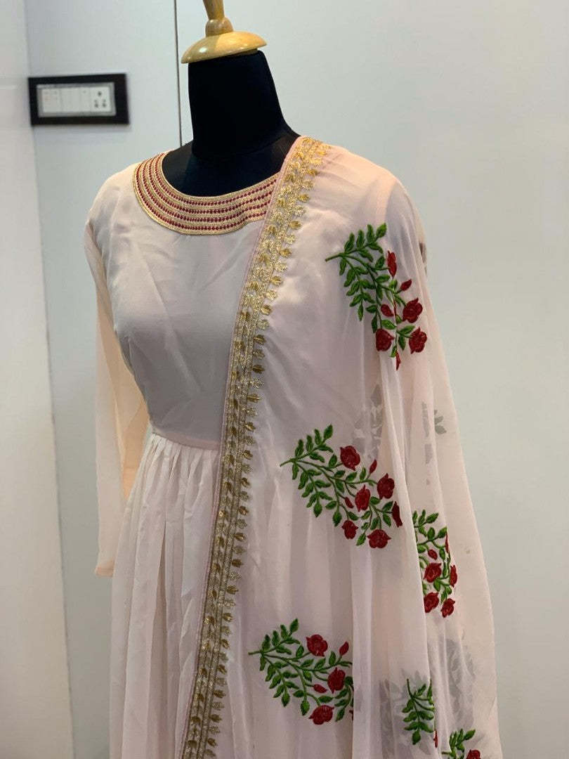 Light orange georgette anarkali gown with embroidered dupatta