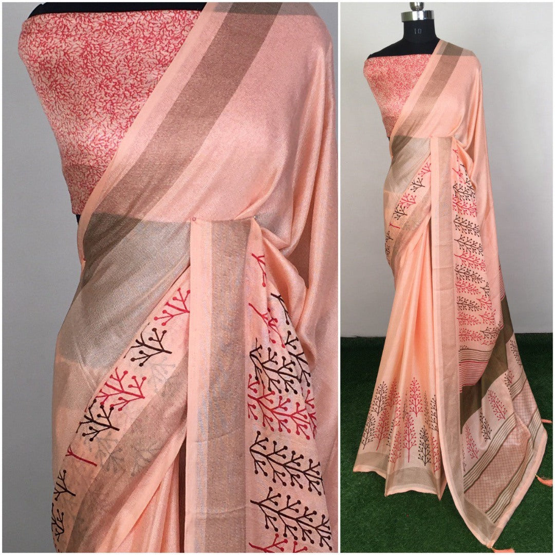 Light orange linen silk printed saree