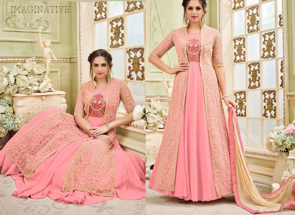 Light Peach & Pink Colored Faux Georgette Zari & Thread Embroidered Semi Stitched Gown