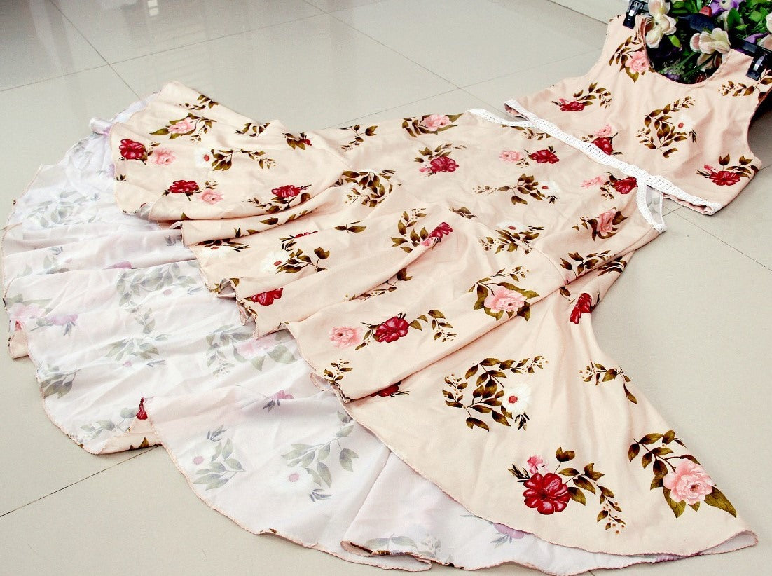 Light peach crepe silk digital flower printed work gown