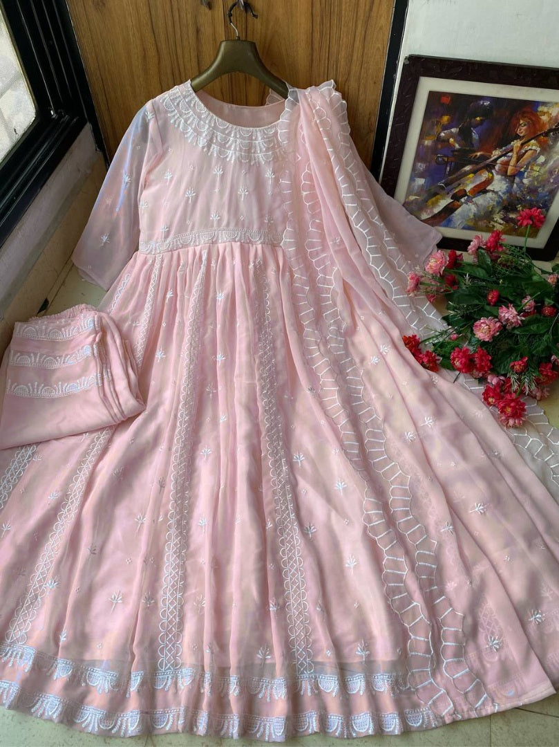 Light peach georgette embroidery work pant suit