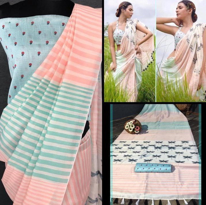 Light peach imported cotton digital printed work saree