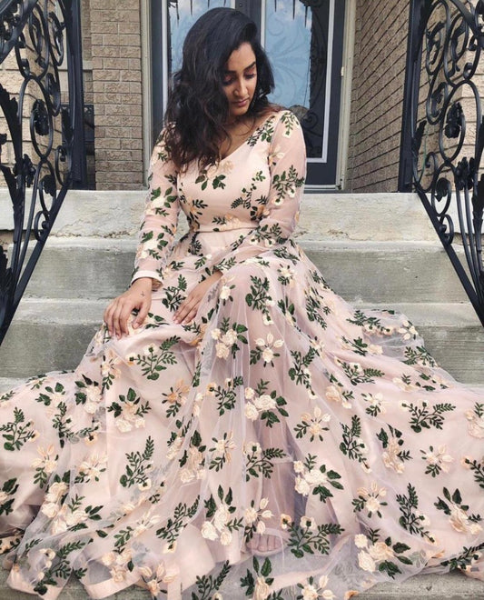 Light peach net embroidery work gown