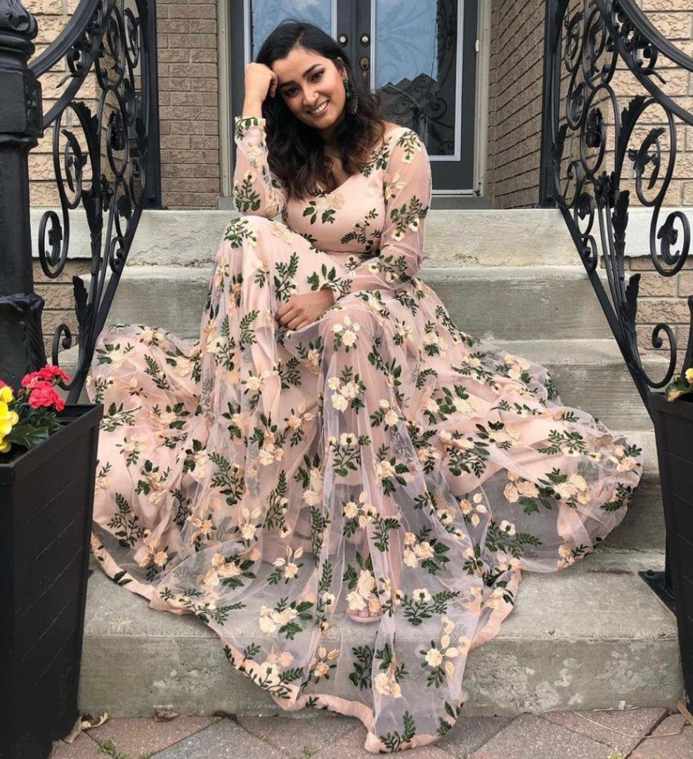 Light peach net embroidery work gown