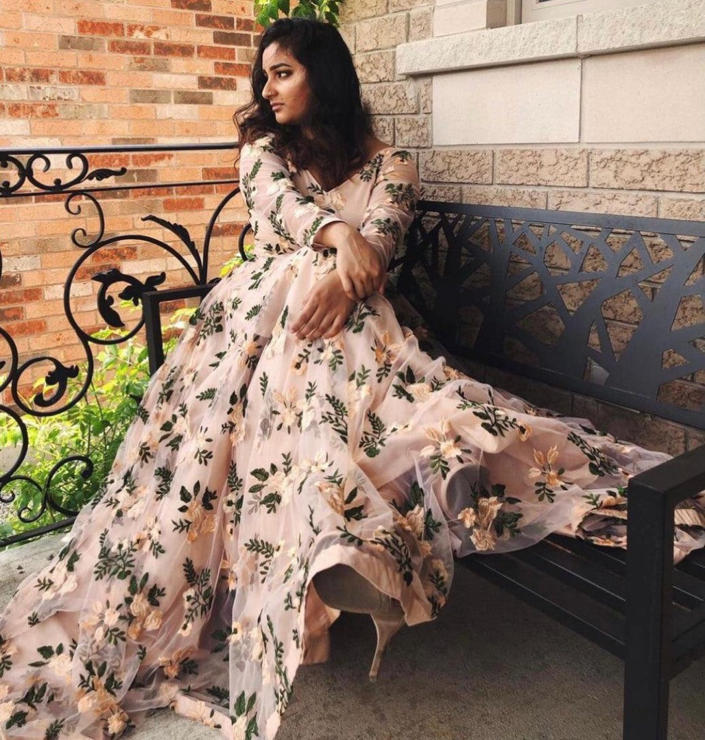 Light peach net embroidery work gown