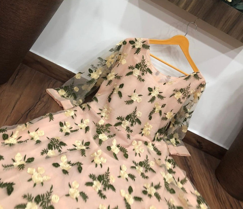 Light peach net embroidery work gown
