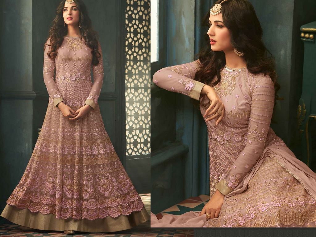 light purple Colored Net Heavy Embroidered Semi Stitched anarkali Suit