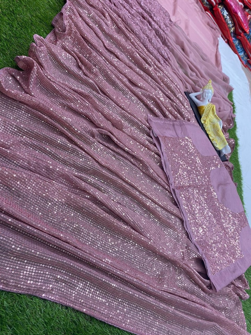 Light purple georgette sequence and thread work designer saree
