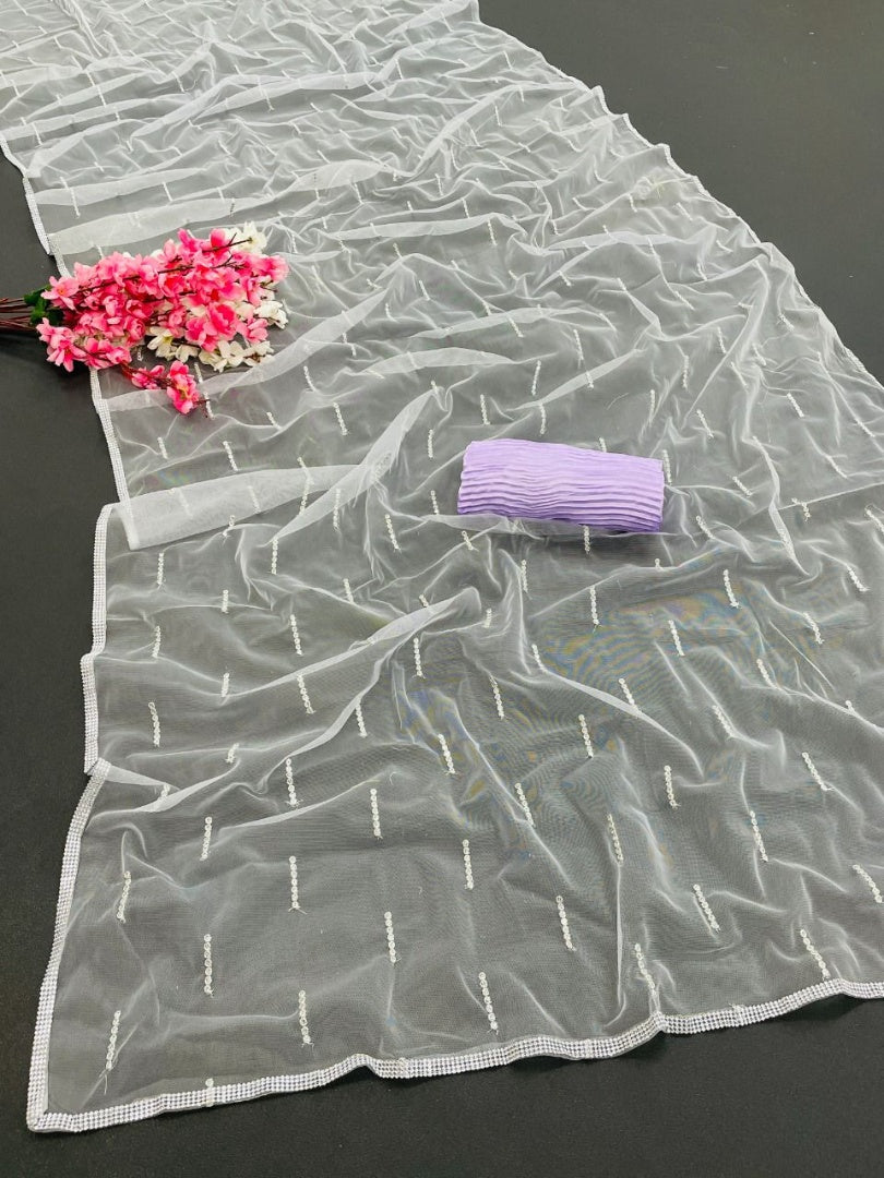 Light purple mono net thread sequence embroidered saree