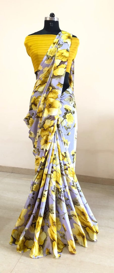 Light purple silk crape yellow floral printed casual wear saree