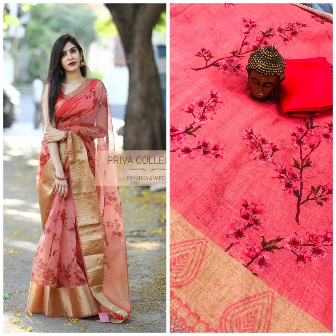 light red linen digital printed saree