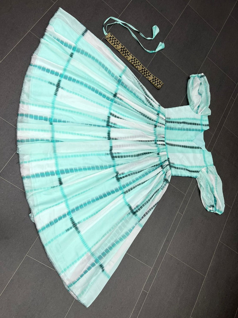 Light sea green organza printed balloon sleeves frock kurti