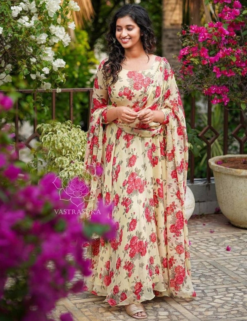 Light yellow georgette floral printed umbrella flair gown