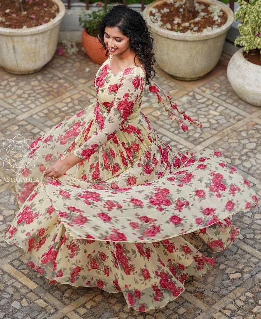 Light yellow georgette floral printed umbrella flair gown