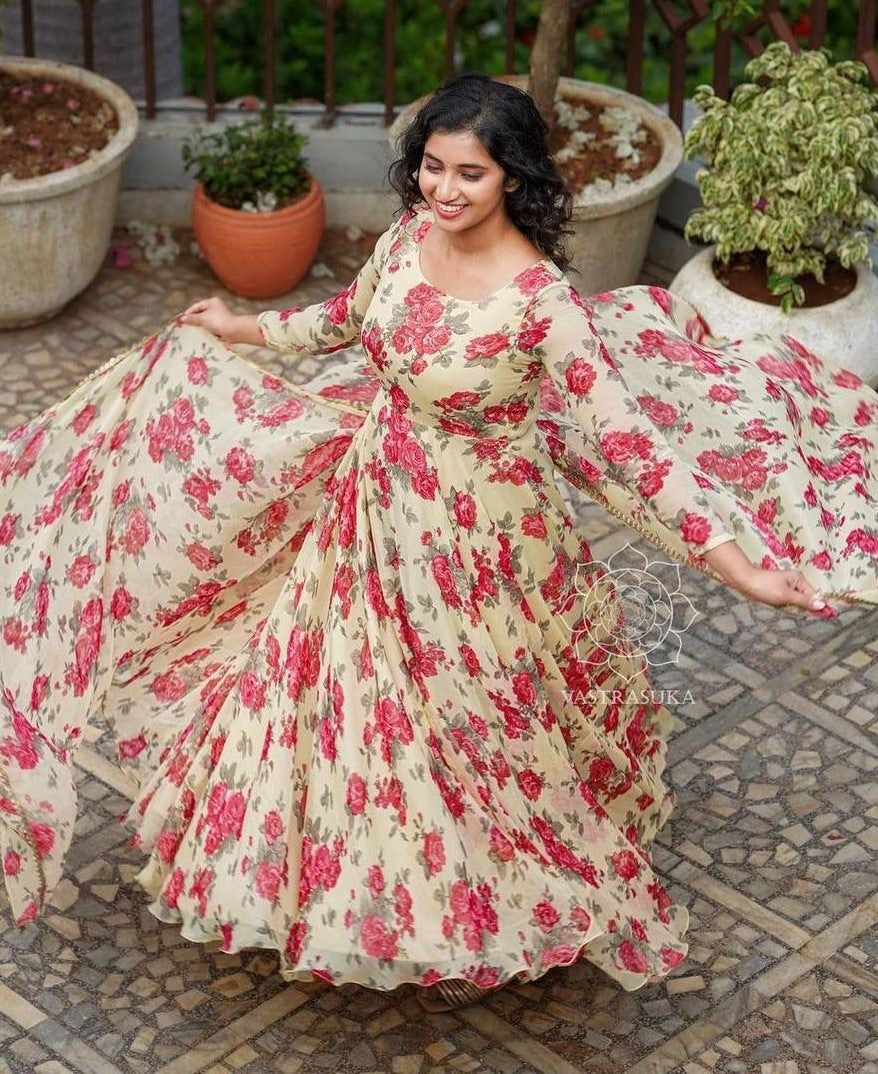 Light yellow georgette floral printed umbrella flair gown