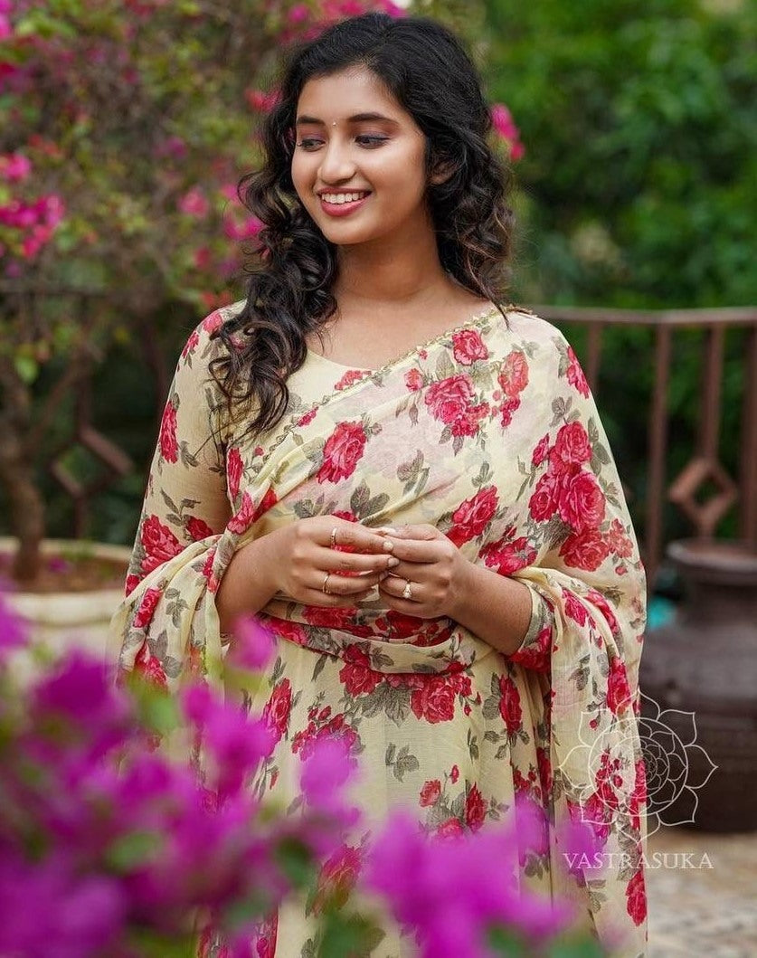 Light yellow georgette floral printed umbrella flair gown