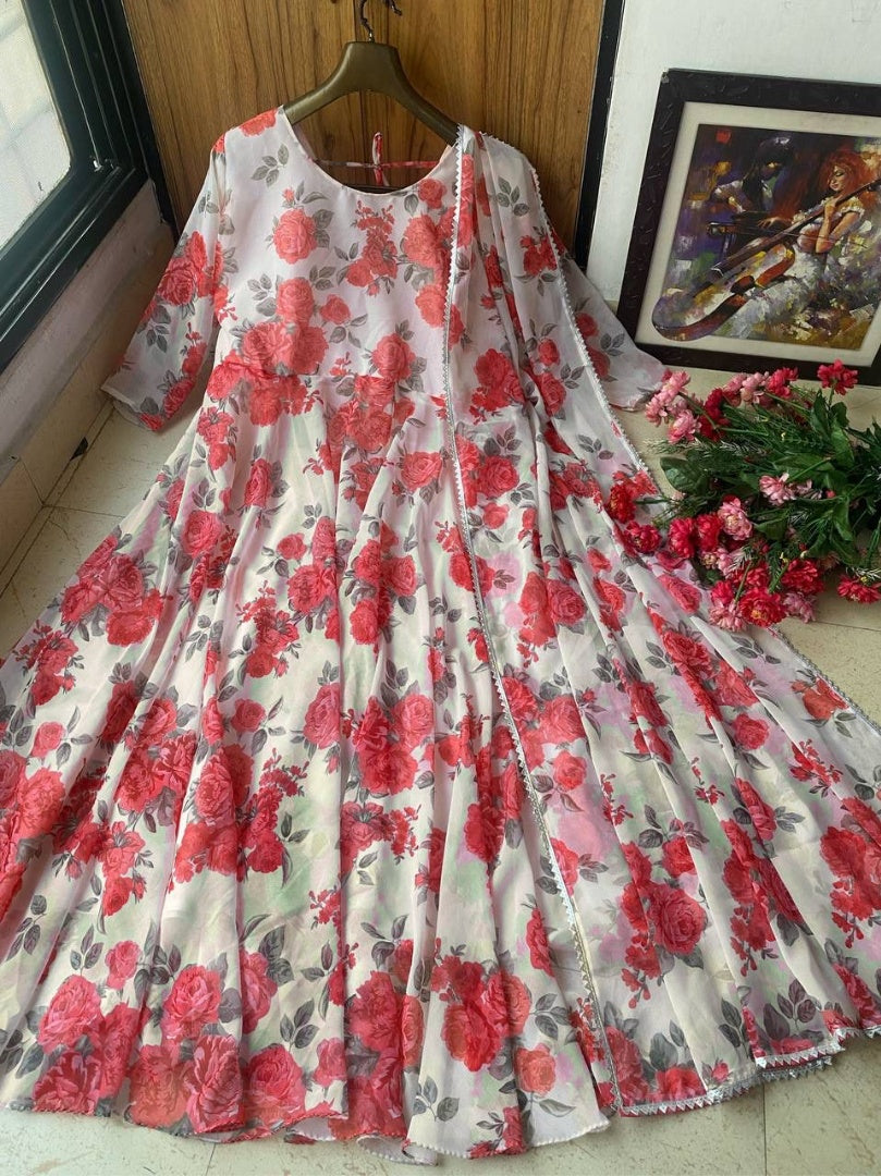 Light yellow georgette floral printed umbrella flair gown