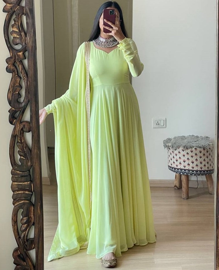 Light yellow georgette long party wear anarkali ethnic gown