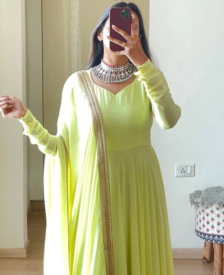 Light yellow georgette long party wear anarkali ethnic gown
