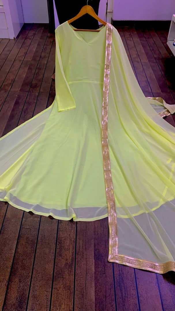 Light yellow georgette long party wear anarkali ethnic gown