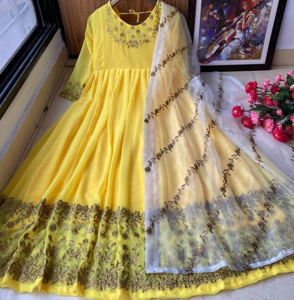 Light yellow heavy georgette embroidered work gown