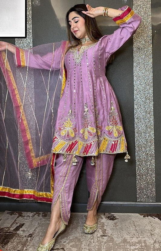 Lovender chinon silk heavy work dhoti suit