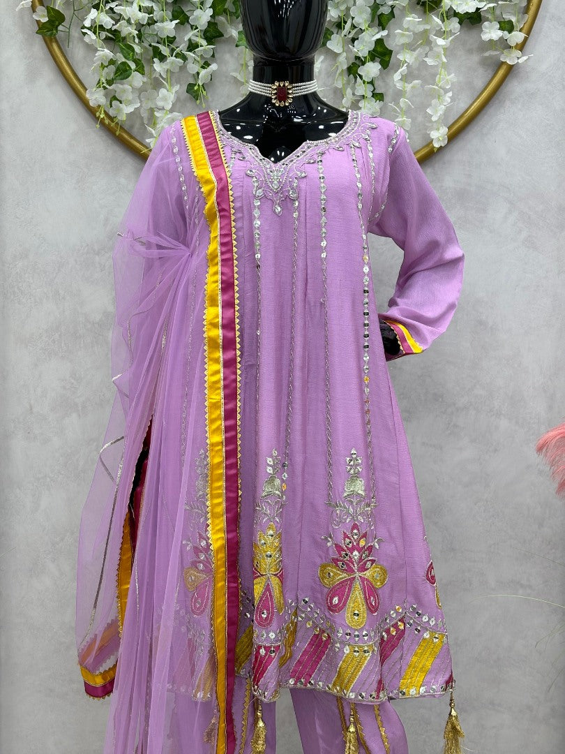 Lovender chinon silk heavy work dhoti suit