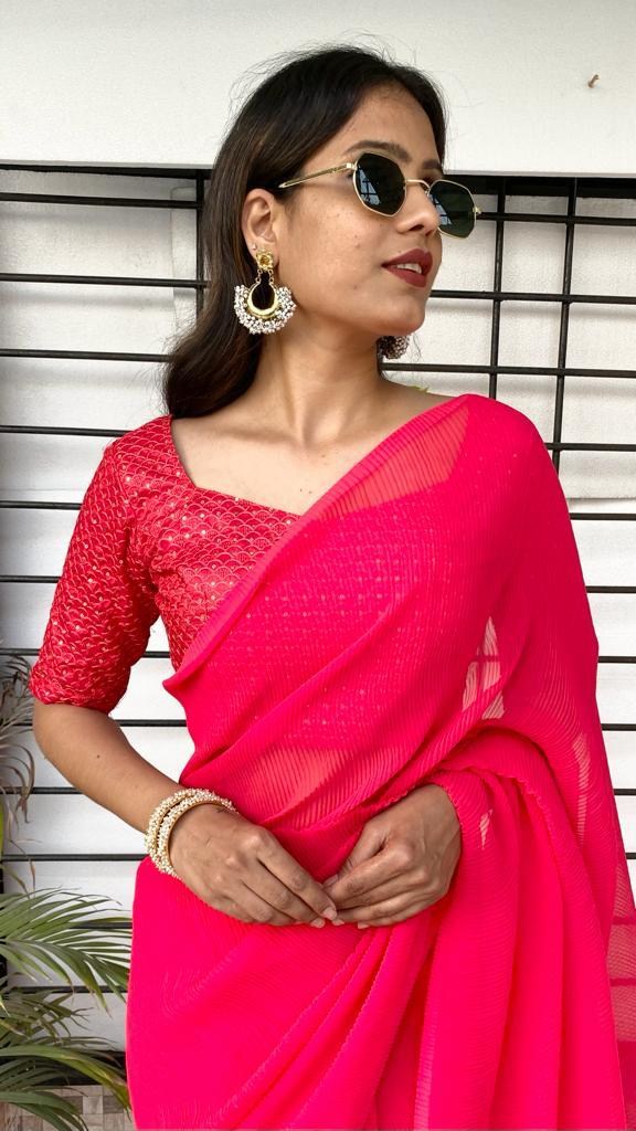 Magento pink georgette pleated partywear saree with heavy sequence work blouse