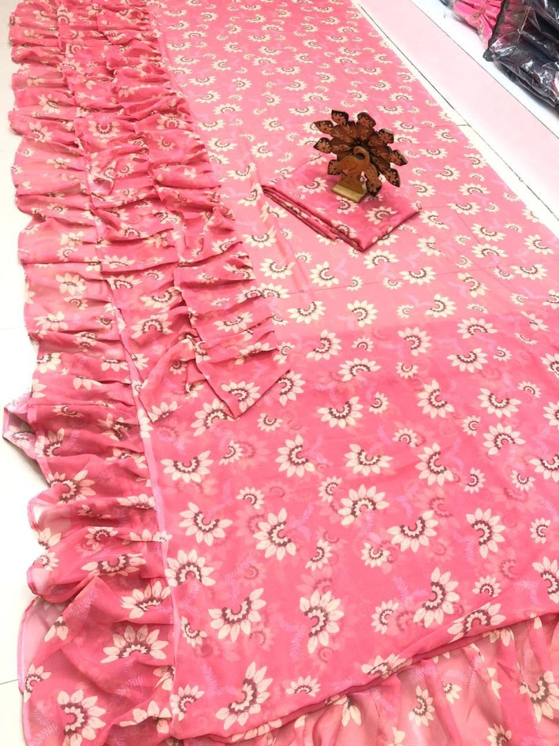 Magento pink georgette printed stylist designer ruffle saree
