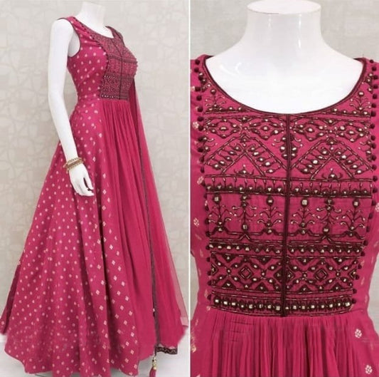 Magento pink italian silk digital print and embroidered gown