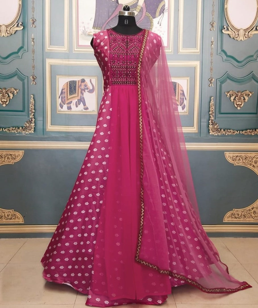Magento pink italian silk digital print and embroidered gown