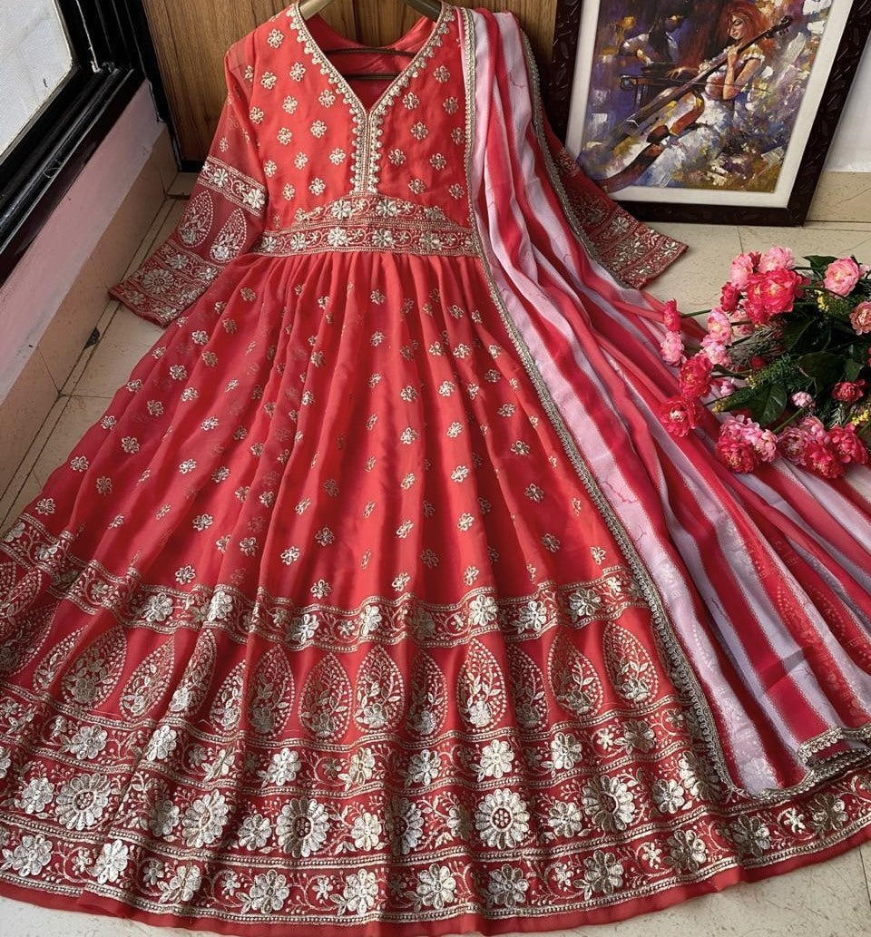 Magento red heavy georgette fully embroidered work occasional wear gown