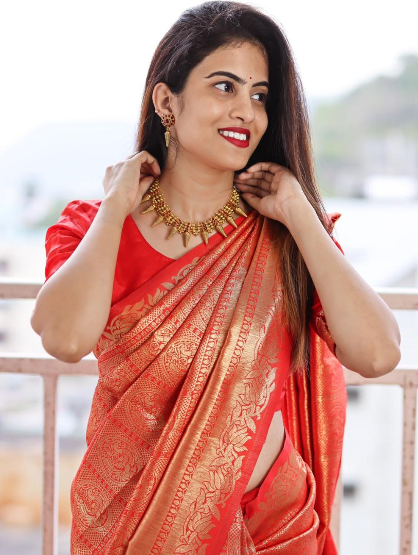 Magento red kanchiwaram zari weaving work wedding saree