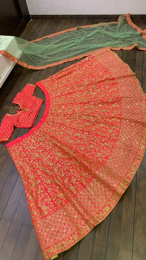 Magento red two tone silk heavy embroidered brial lehenga choli