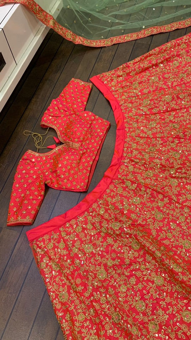 Magento red two tone silk heavy embroidered brial lehenga choli