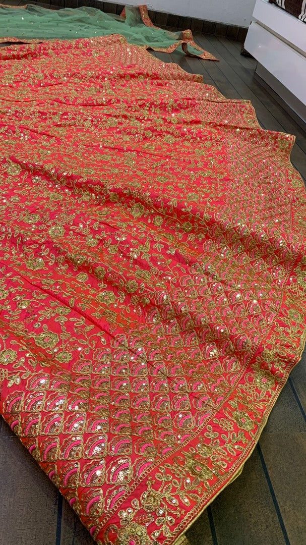 Magento red two tone silk heavy embroidered brial lehenga choli