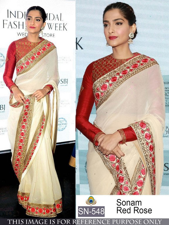 mahaveer bollywood style cream partywear saree