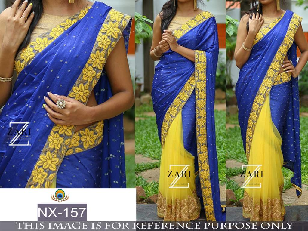 Mahaveer designer embroidered blue and yellow ceremonial saree