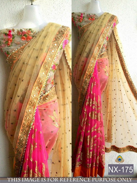 Mahaveer designer embroidered brown and pink wedding saree