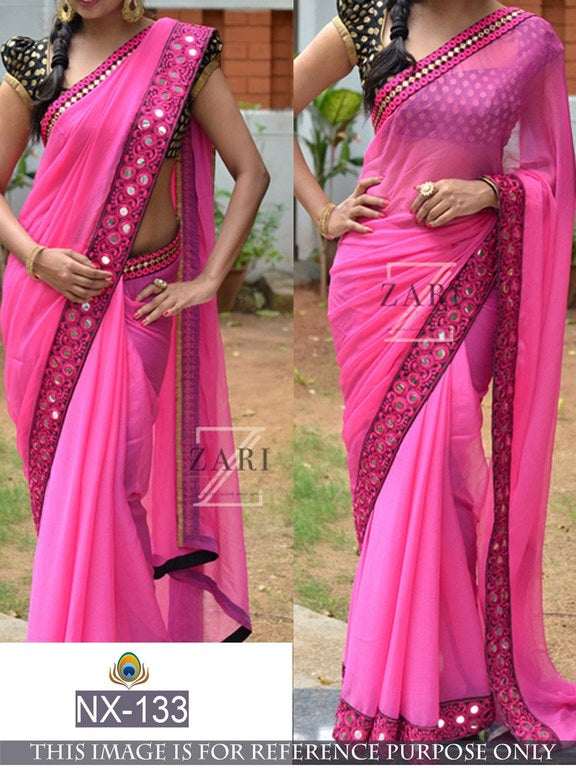 Mahaveer designer embroidered pink partywear saree
