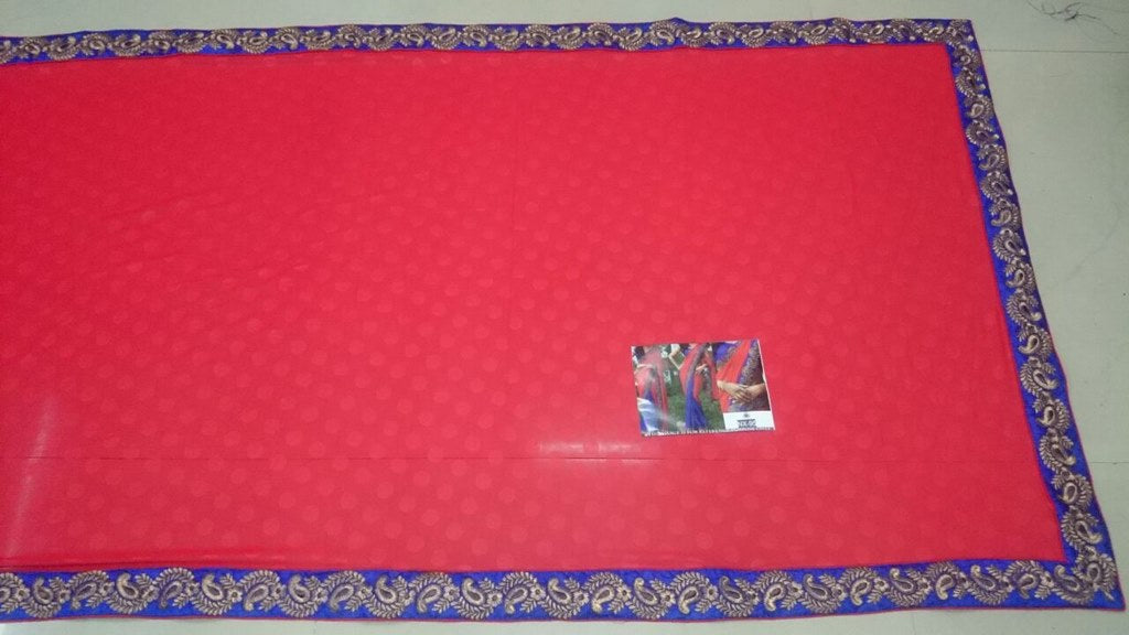 Mahaveer Designer embroidered red and blue half half saree