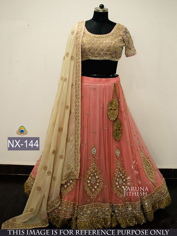 Mahaveer Designer heavy embroidered peach bridal lehenga