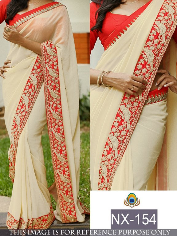 Mahaveer embroidered lace border cream festival saree
