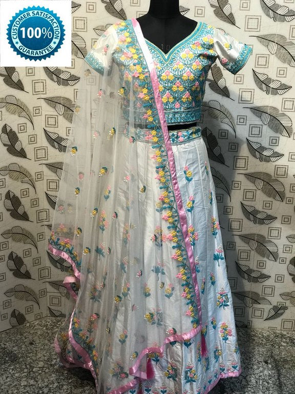 Malai satin light cream embroidered wedding lehenga